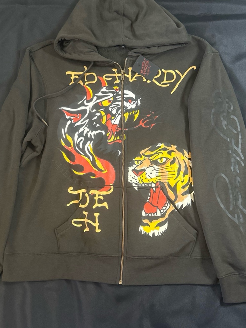 Ed Hardy charcoal Zip-Up Hoodie with Tiger and devil tiger Graphic XL NWT